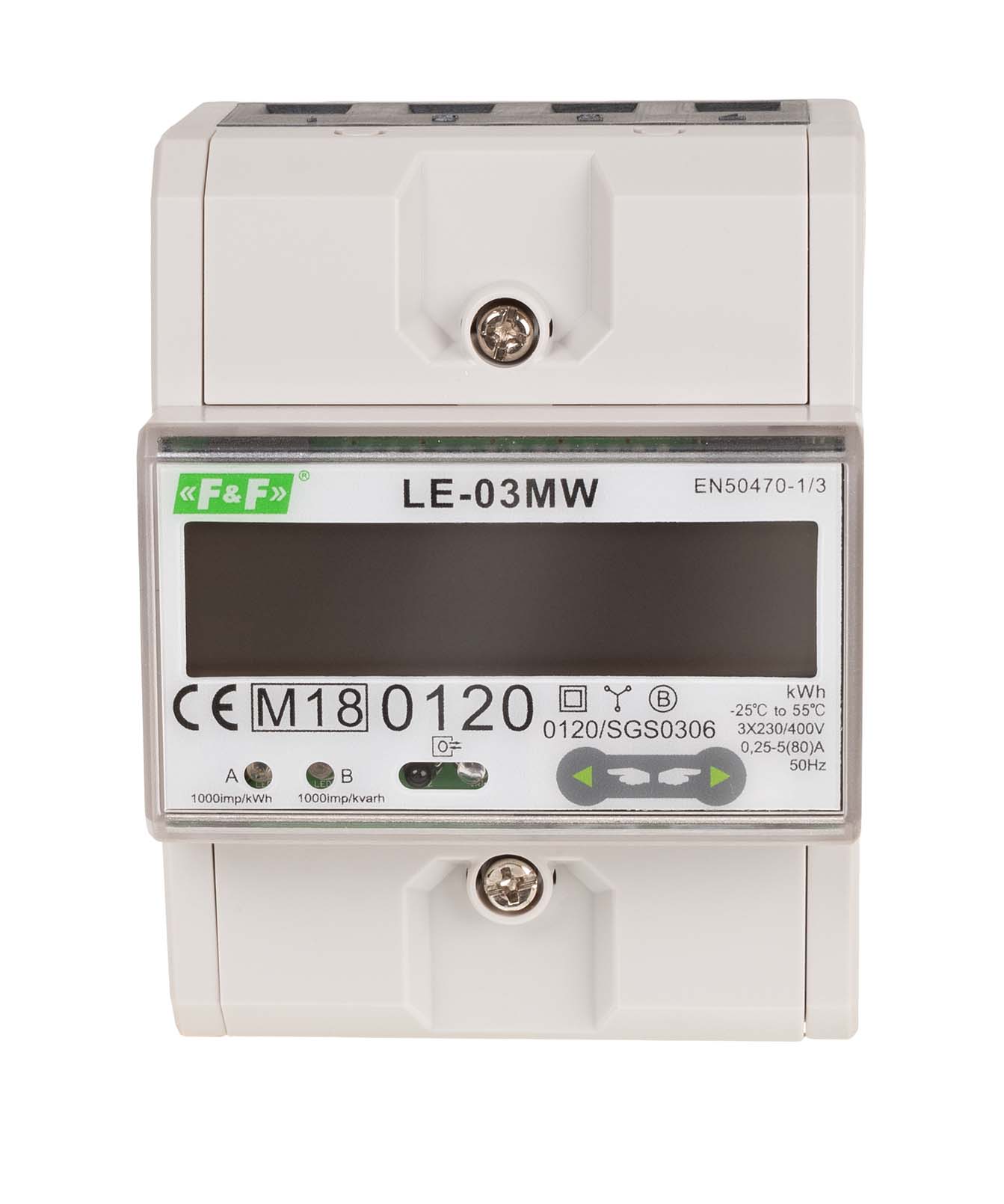 Product: LE-03MW LICZNIK ENERGII CYFROWY 2-KIERUNKOWY 2-TARYFOWY 3F 0.25-5/80A 3X230/400V 4.5M MODBUS RTU MID